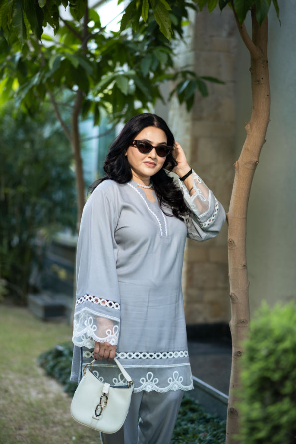 Grey Pashmina Pant Set With Intricate Organza Lace Detailing