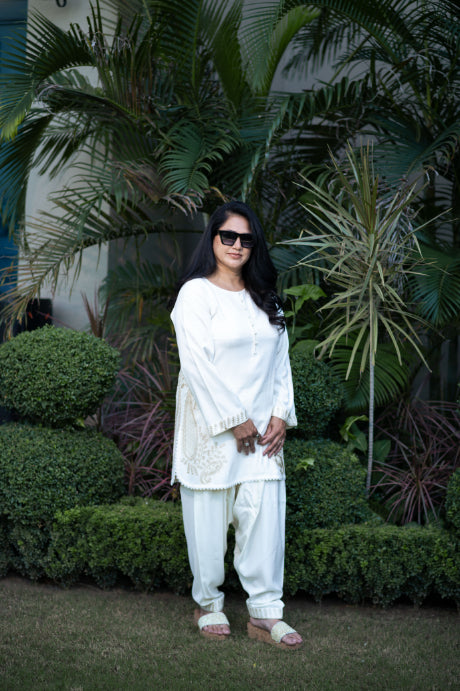 Off White Paisley Embroidered Shalwar Kameez