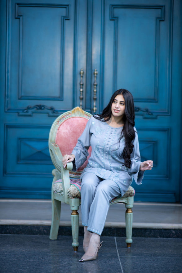 Grey Embroidered Shalwar Kameez