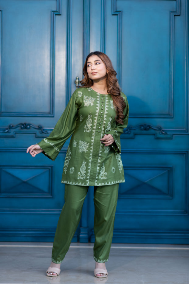 Olive Green Embroidered Shalwar Kameez