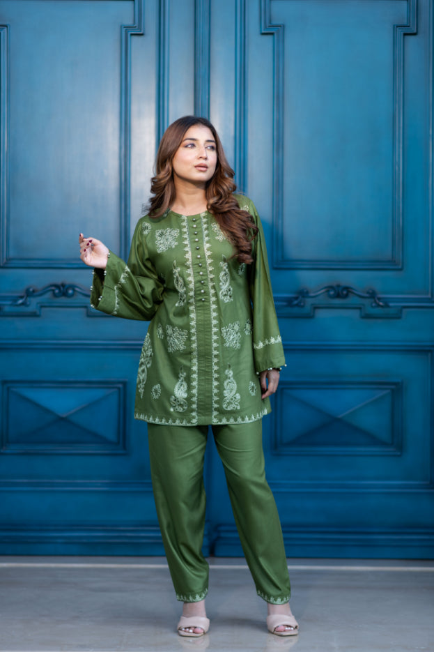 Olive Green Embroidered Shalwar Kameez