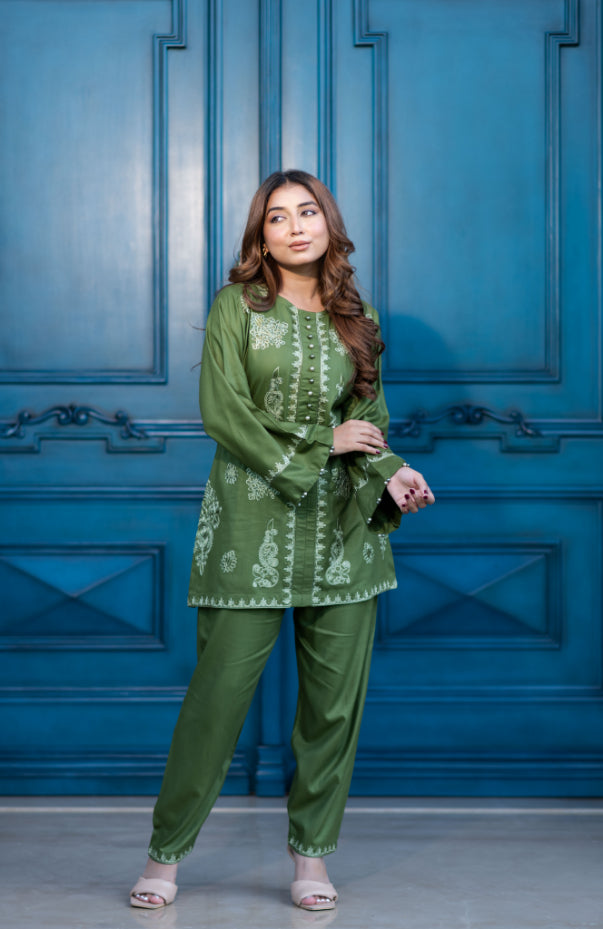 Olive Green Embroidered Shalwar Kameez
