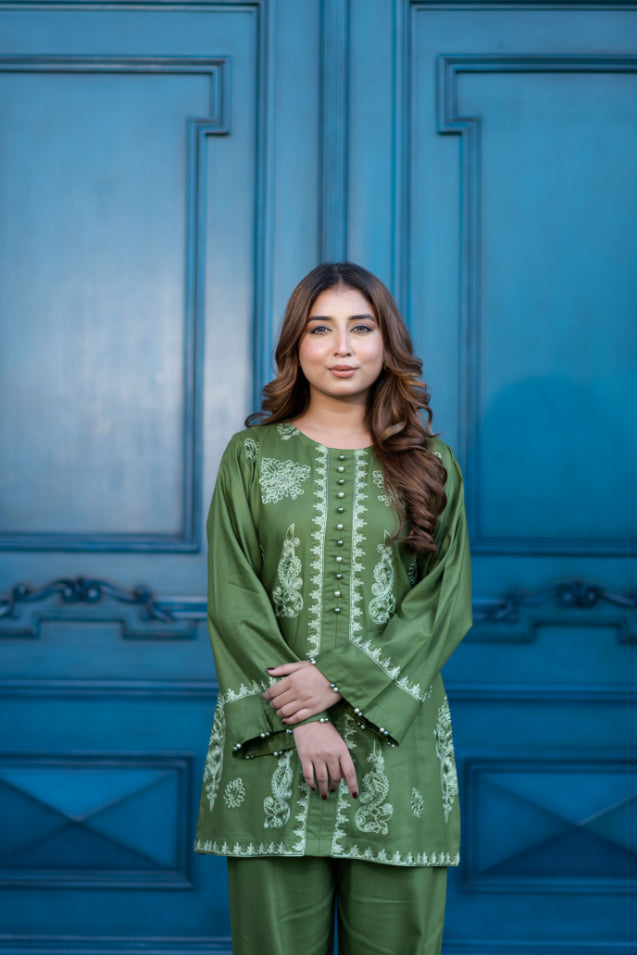 Olive Green Embroidered Shalwar Kameez