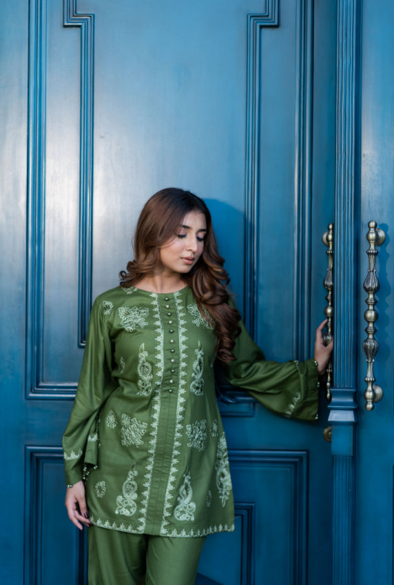 Olive Green Embroidered Shalwar Kameez