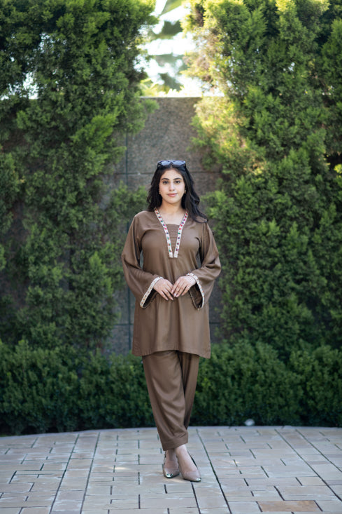 Timeless Brown Shalwar Kameez With Hand Embroidered Lace Detailing