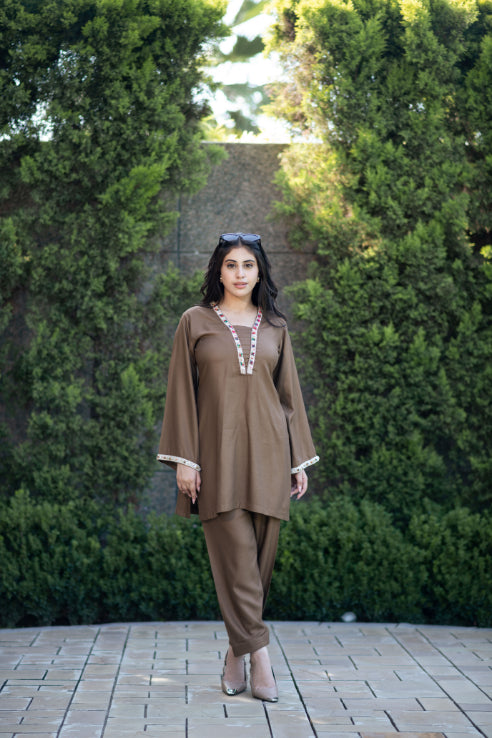 Timeless Brown Shalwar Kameez With Hand Embroidered Lace Detailing