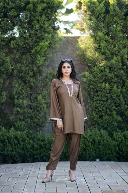 Timeless Brown Shalwar Kameez With Hand Embroidered Lace Detailing