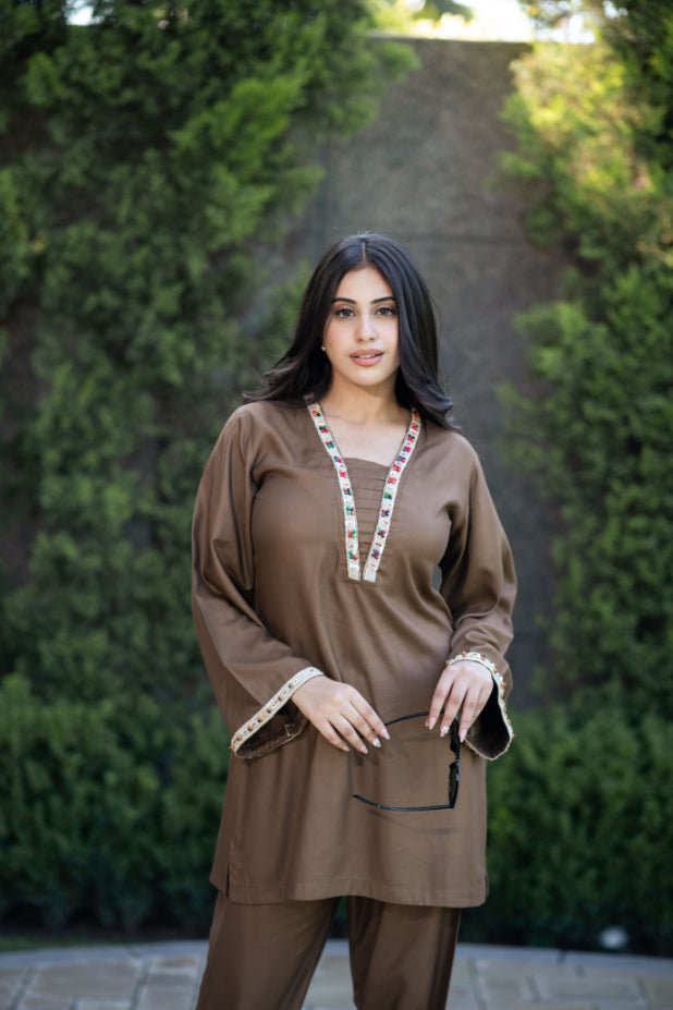 Timeless Brown Shalwar Kameez With Hand Embroidered Lace Detailing