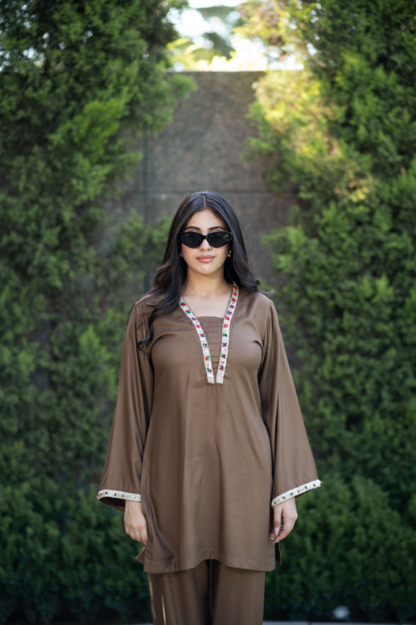 Timeless Brown Shalwar Kameez With Hand Embroidered Lace Detailing