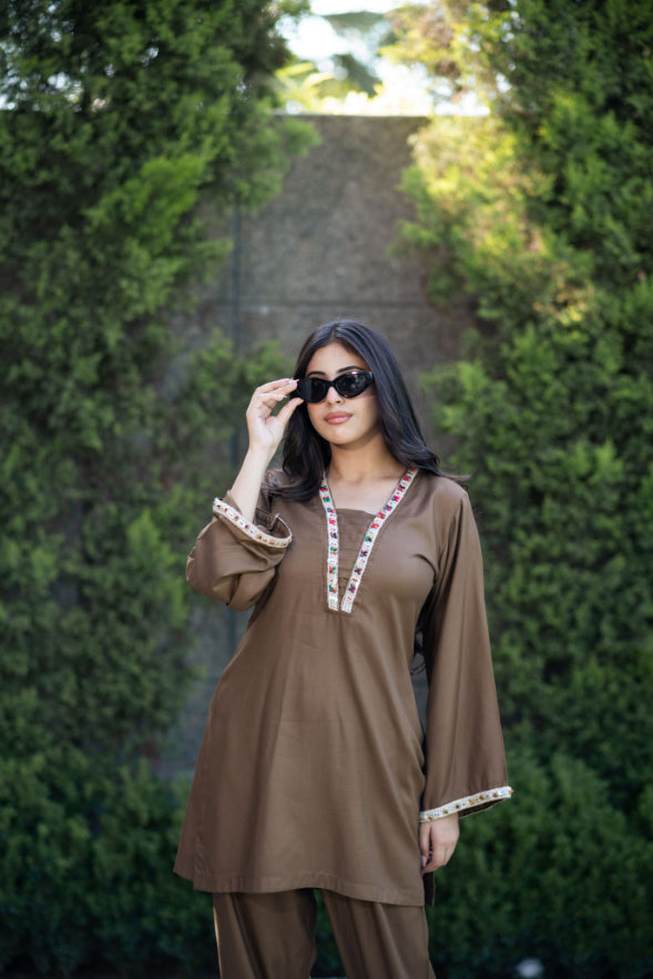Timeless Brown Shalwar Kameez With Hand Embroidered Lace Detailing