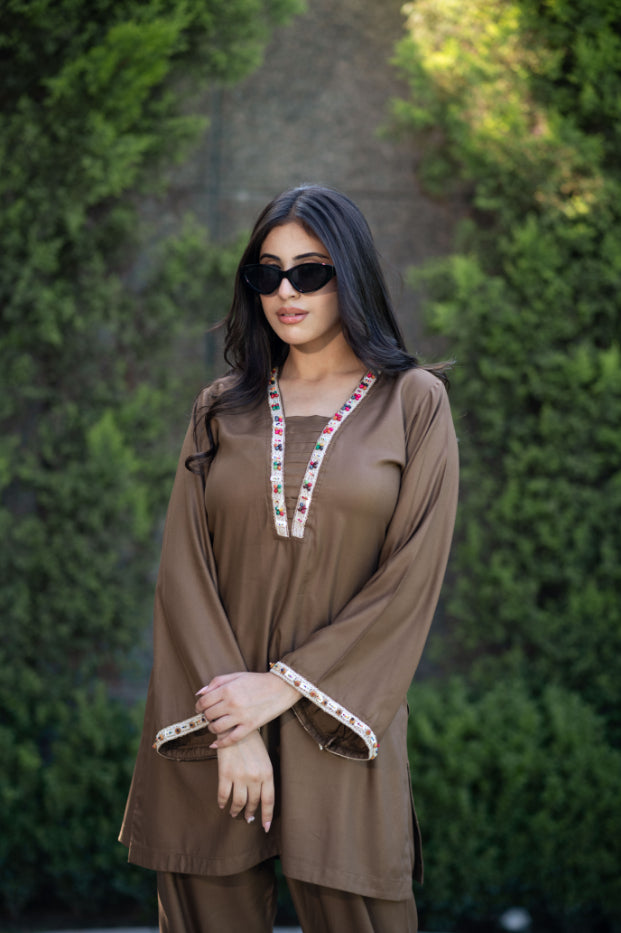 Timeless Brown Shalwar Kameez With Hand Embroidered Lace Detailing