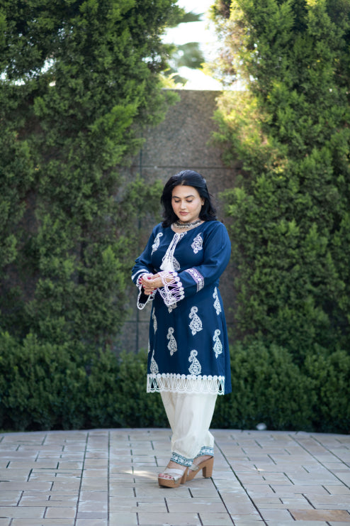 Teal Embroidered Shirt With Laces  Paired With Pathani Salwar