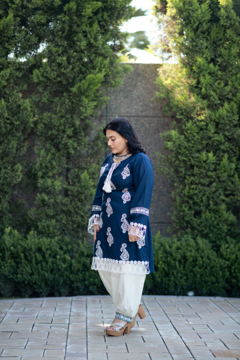 Teal Embroidered Shirt With Laces  Paired With Pathani Salwar