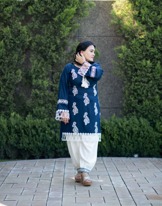 Teal Embroidered Shirt With Laces  Paired With Pathani Salwar