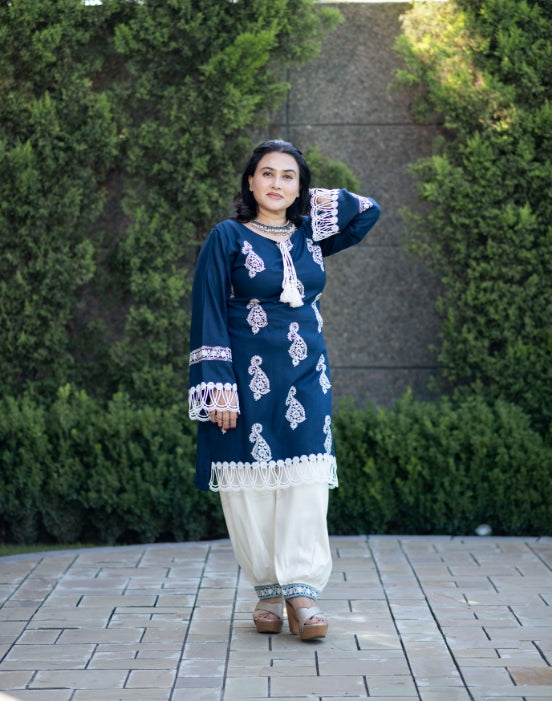 Teal Embroidered Shirt With Laces  Paired With Pathani Salwar