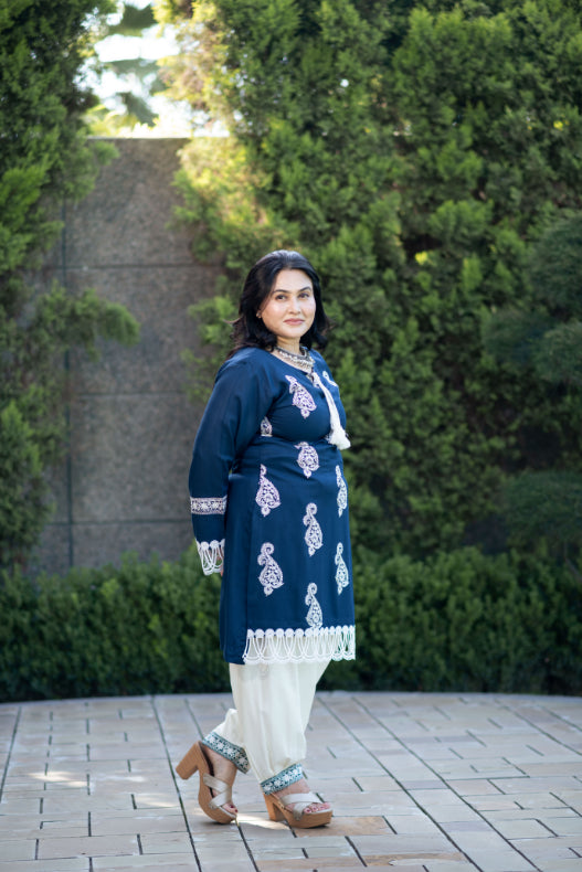 Teal Embroidered Shirt With Laces  Paired With Pathani Salwar