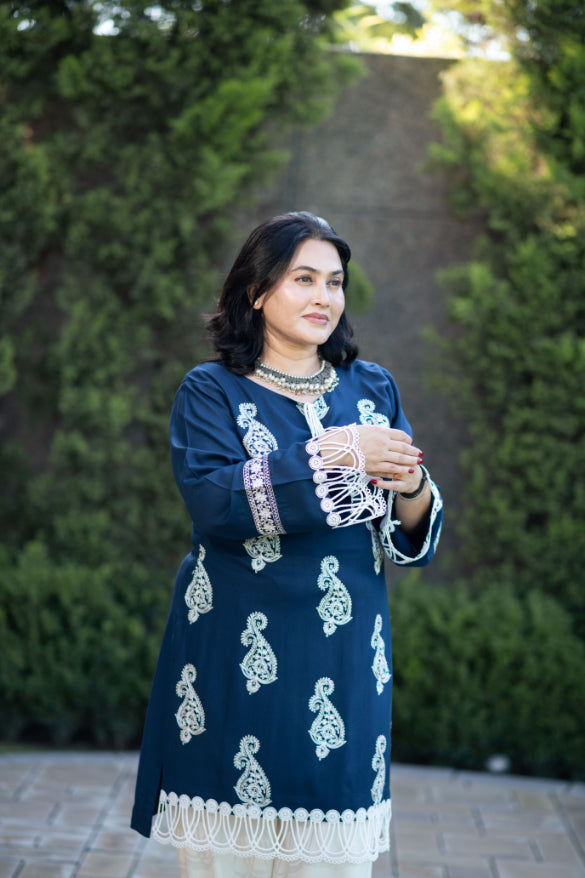 Teal Embroidered Shirt With Laces  Paired With Pathani Salwar