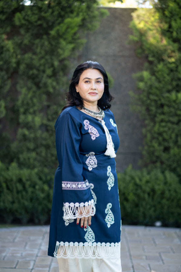 Teal Embroidered Shirt With Laces  Paired With Pathani Salwar