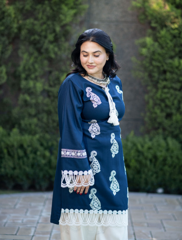 Teal Embroidered Shirt With Laces  Paired With Pathani Salwar