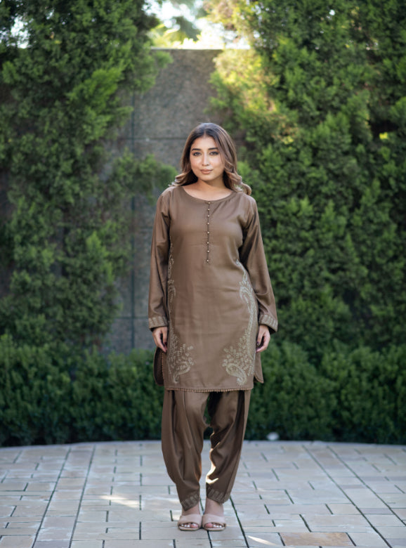 Brown Paisley Embroidered Shalwar Kameez