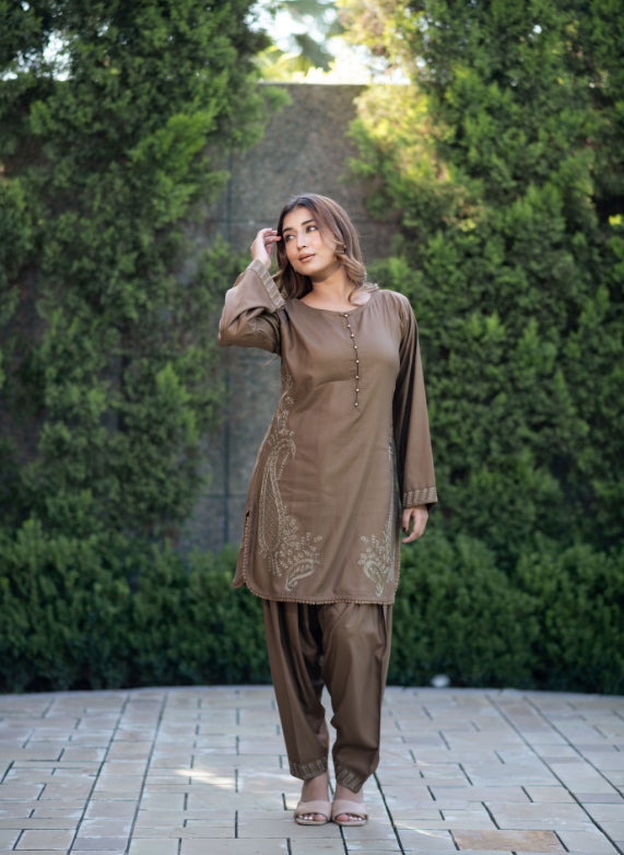 Brown Paisley Embroidered Shalwar Kameez