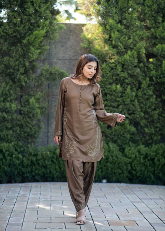 Brown Paisley Embroidered Shalwar Kameez