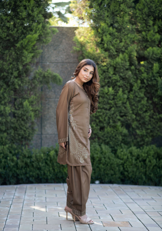 Brown Paisley Embroidered Shalwar Kameez