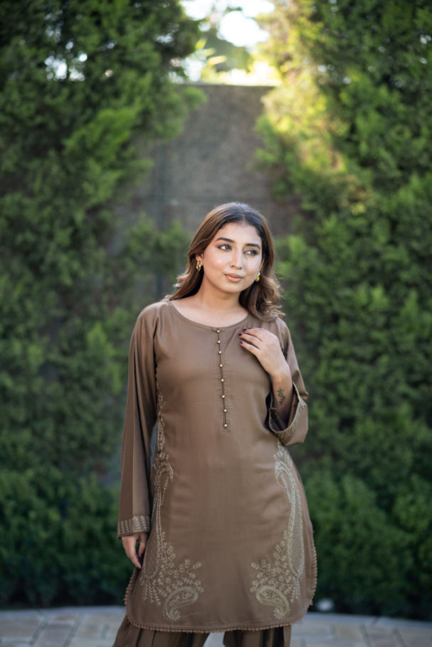 Brown Paisley Embroidered Shalwar Kameez