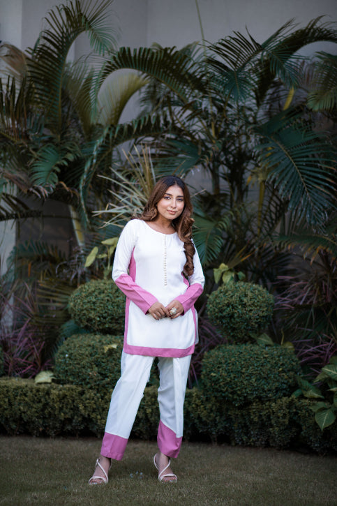 Off- White Co-Ord Set With Mauve Border Detailing