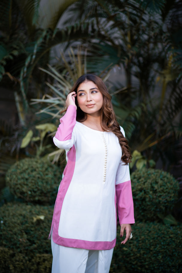 Off- White Co-Ord Set With Mauve Border Detailing