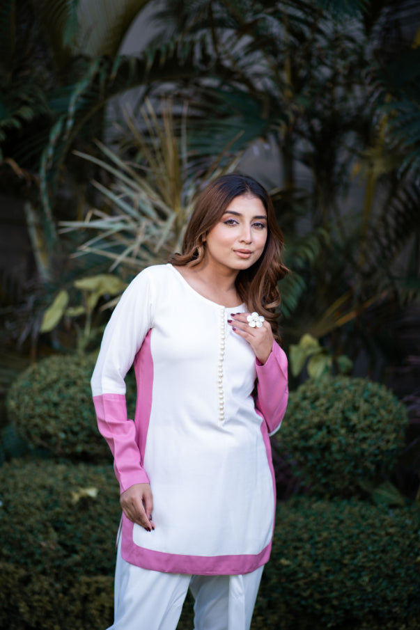 Off- White Co-Ord Set With Mauve Border Detailing