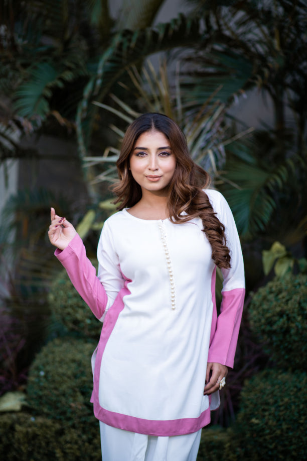 Off- White Co-Ord Set With Mauve Border Detailing