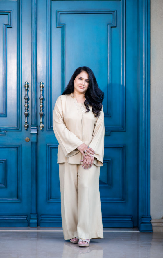 Camel Plazo Set With Embroidered Back