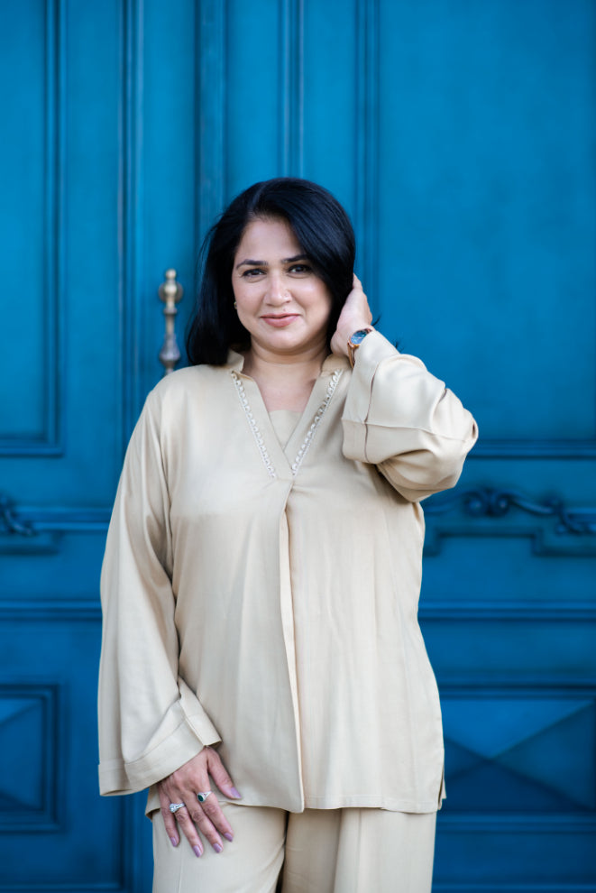 Camel Plazo Set With Embroidered Back