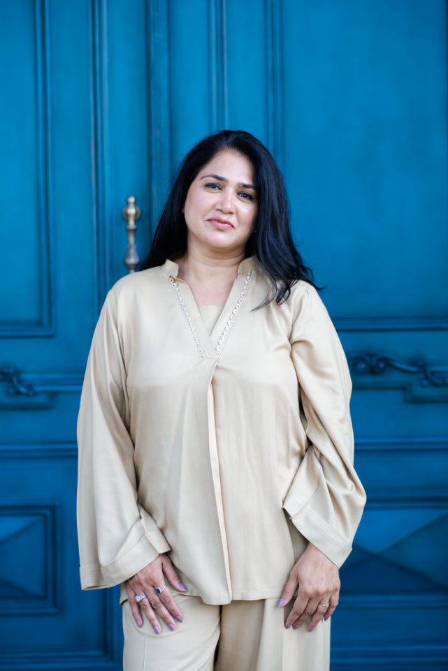 Camel Plazo Set With Embroidered Back