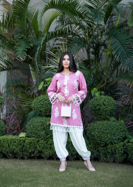Mauve Embroidered Shirt With Laces Paired With Pathani Salwar