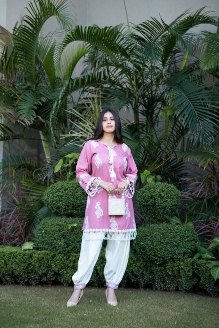 Mauve Embroidered Shirt With Laces Paired With Pathani Salwar