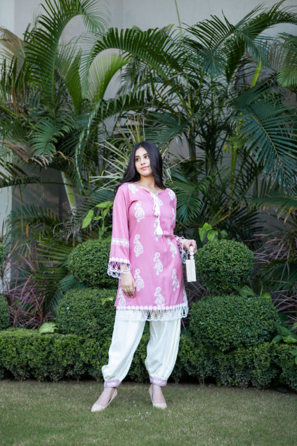 Mauve Embroidered Shirt With Laces Paired With Pathani Salwar
