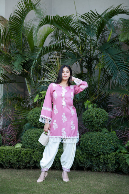 Mauve Embroidered Shirt With Laces Paired With Pathani Salwar