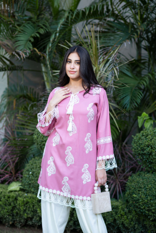 Mauve Embroidered Shirt With Laces Paired With Pathani Salwar