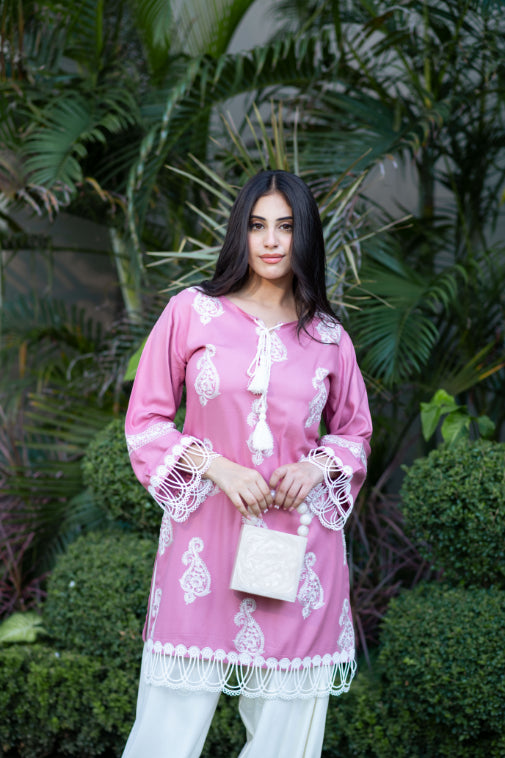 Mauve Embroidered Shirt With Laces Paired With Pathani Salwar