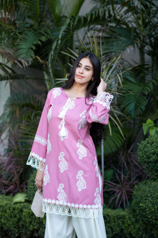 Mauve Embroidered Shirt With Laces Paired With Pathani Salwar