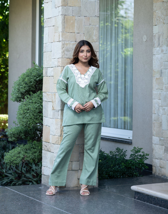 Pastel Green Co-Ord Set With Lace Neckline And Pearl Accents
