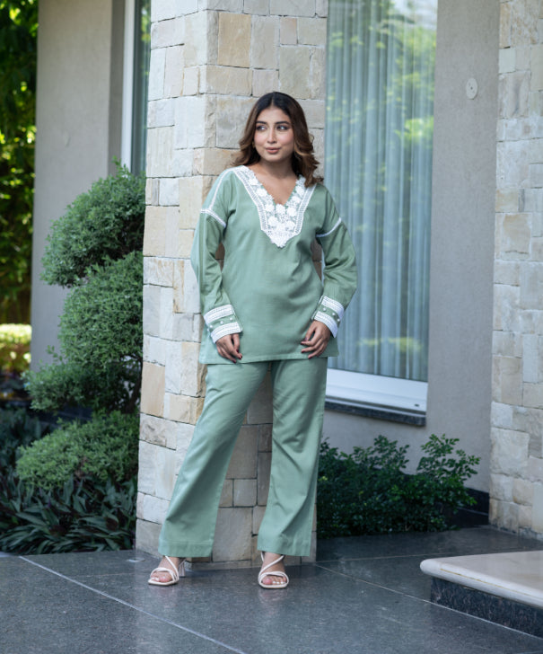 Pastel Green Co-Ord Set With Lace Neckline And Pearl Accents
