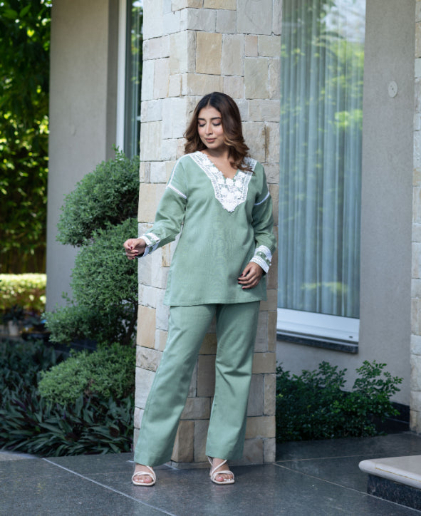 Pastel Green Co-Ord Set With Lace Neckline And Pearl Accents