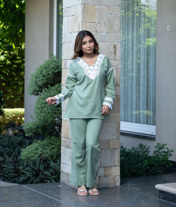 Pastel Green Co-Ord Set With Lace Neckline And Pearl Accents