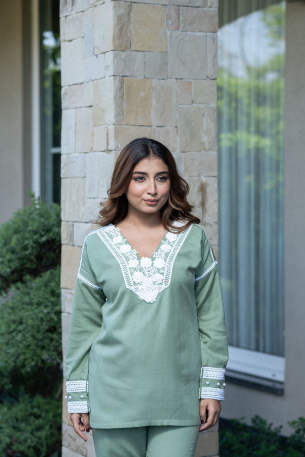 Pastel Green Co-Ord Set With Lace Neckline And Pearl Accents