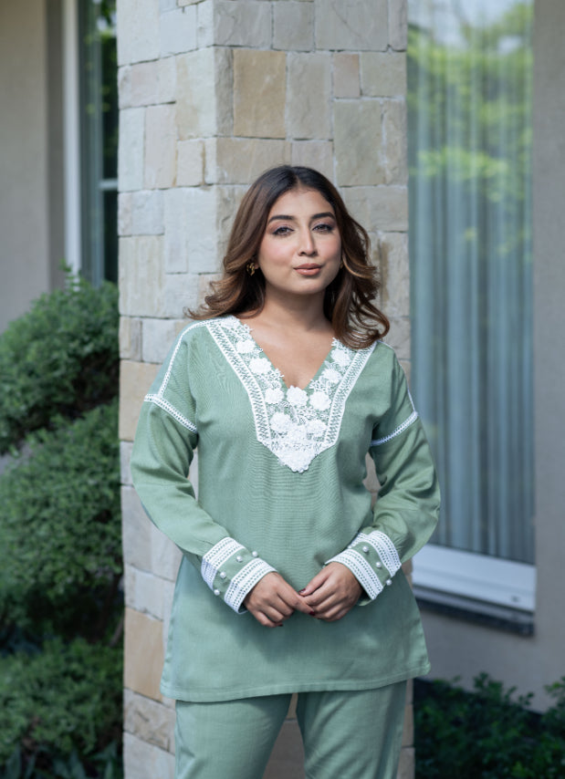 Pastel Green Co-Ord Set With Lace Neckline And Pearl Accents