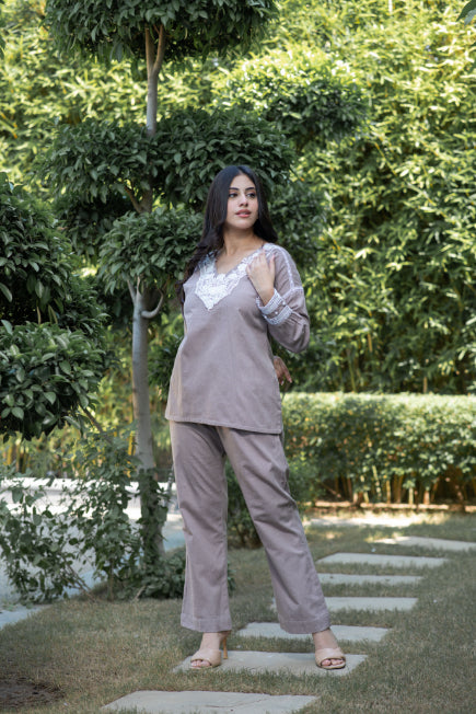 Dove Grey Co-Ord Set With Lace  Neckline And Pearl Accents