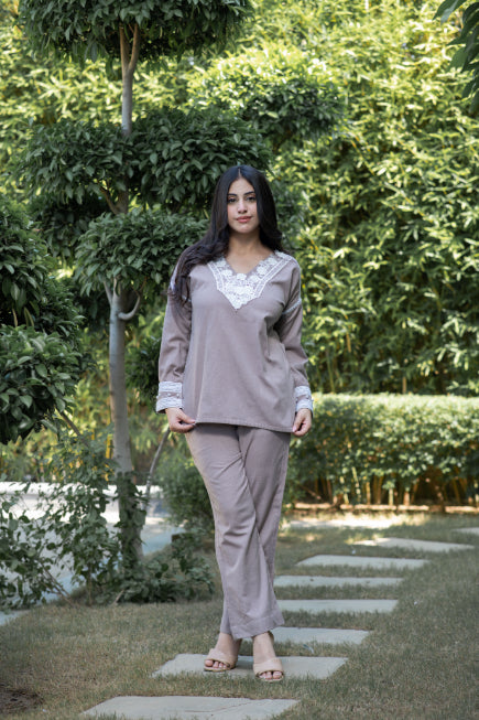 Dove Grey Co-Ord Set With Lace  Neckline And Pearl Accents